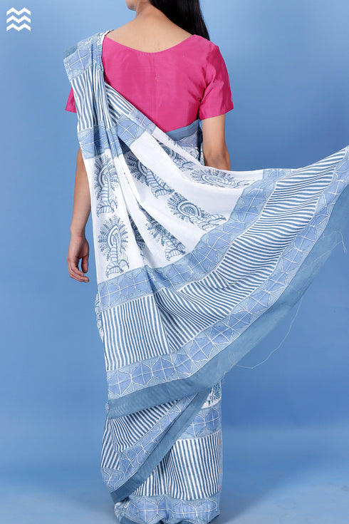 Mulmul Cotton Saree With Fall In Assorted Block Print